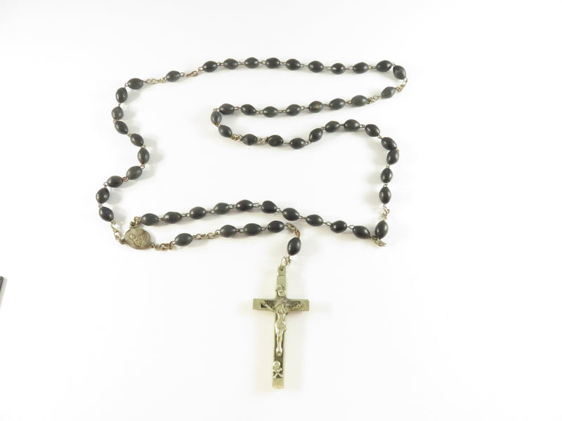 Vintage Wooden Bead Rosary, Nickel Crucifix, 26", As-Is