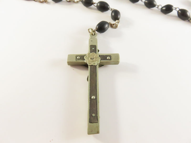 Vintage Wooden Bead Rosary, Nickel Crucifix, 26", As-Is