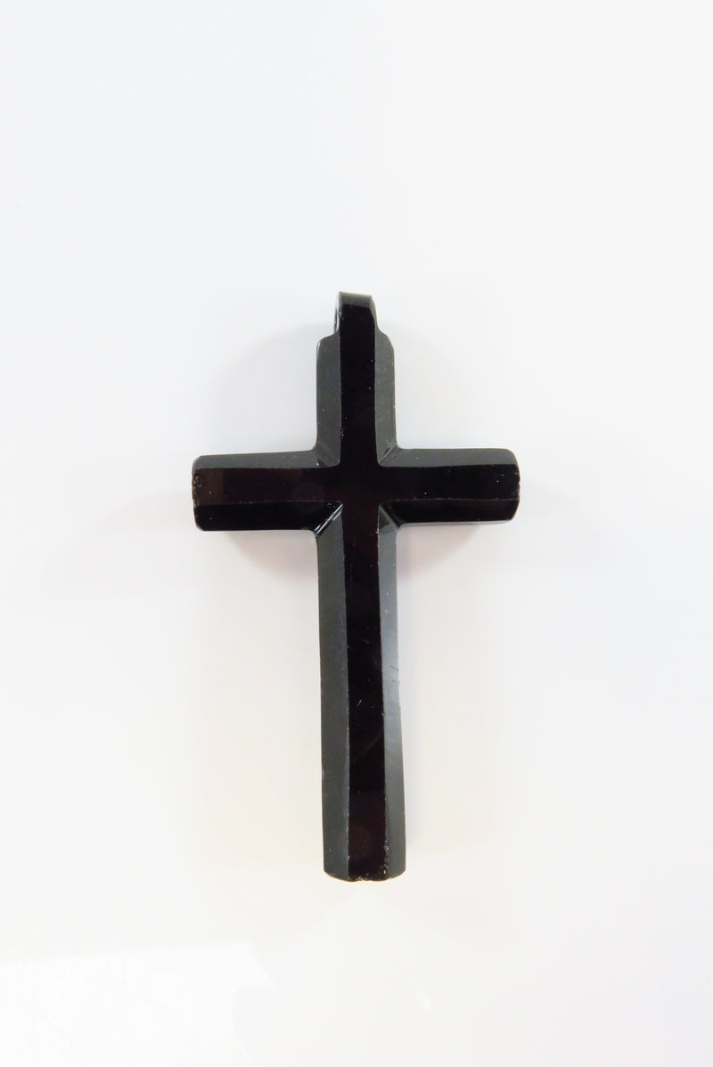 Antique Victorian Jet Black Glass Octagon Form Christian Cross 2 1/2" x 1 3/8