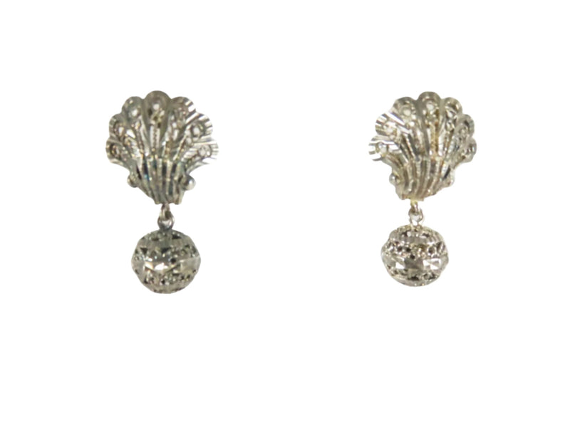 Vintage Filigree Shell Earrings, Cross Hatch Dangle, Lever Back, Fancy — Sterling Silver, Silver — front view