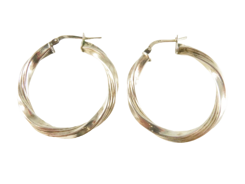 Vintage Twisted Hoop Earrings, 1 1/4", Italy Lever Backs, Silver Tone — Sterling Silver, Silver — front view