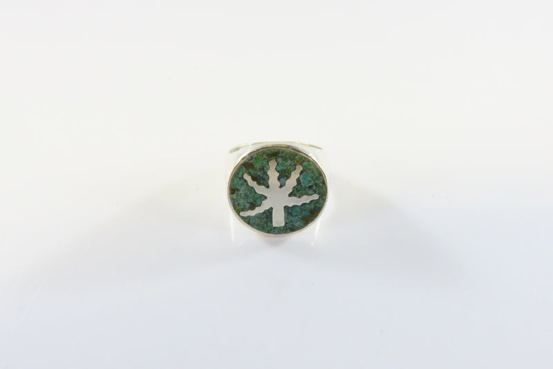 Vintage Sterling Mexico Marijuana Leaf Ring Crushed Turquoise Sign APB