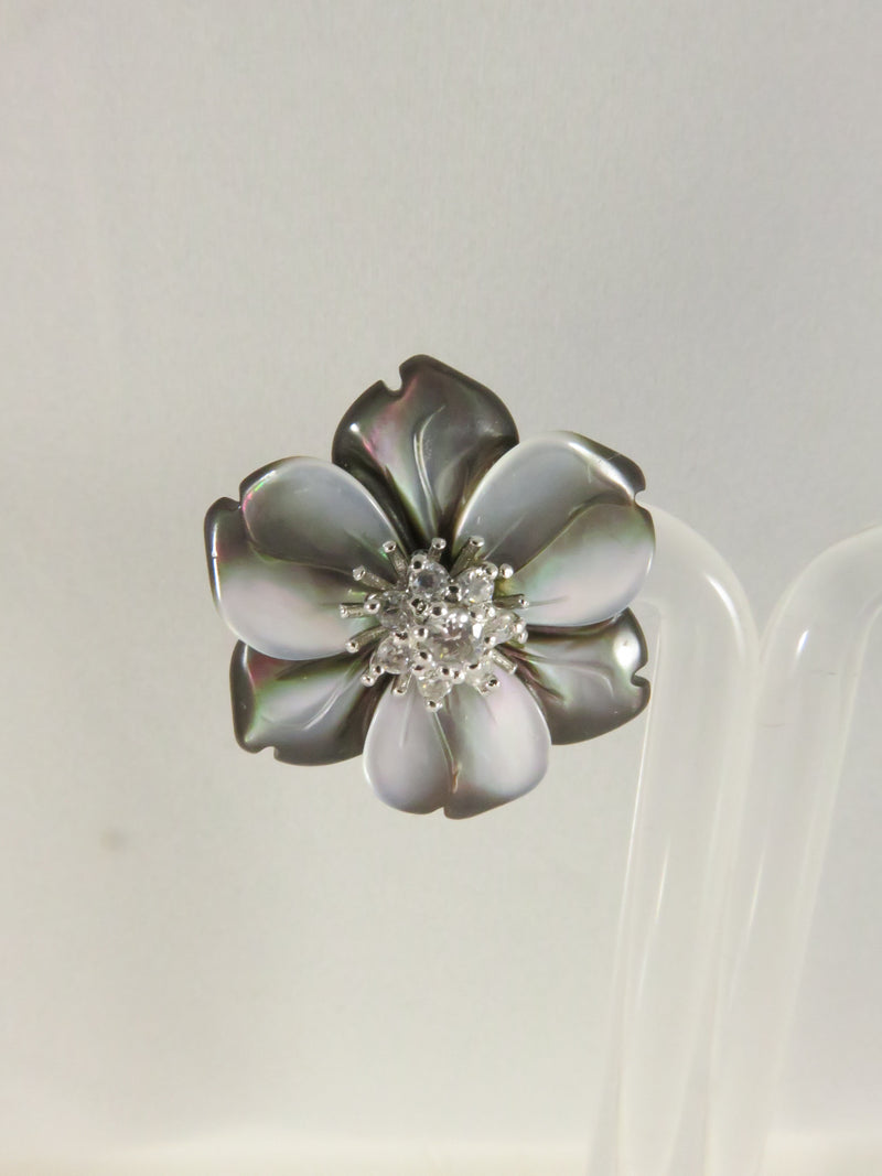 Vintage Erwin Pearl Sterling Silver Floral Clip-On Earrings, CZ, 1", 9.4g