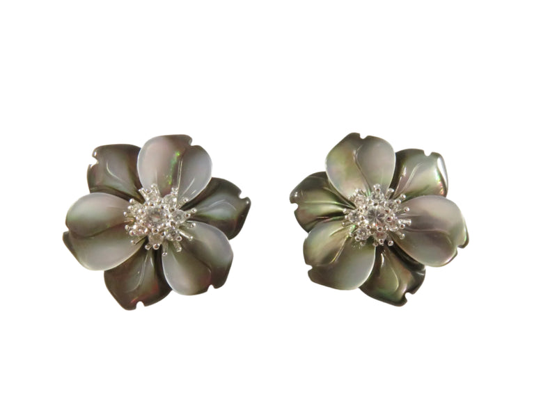 Vintage Erwin Pearl Sterling Silver Floral Clip-On Earrings, CZ, 1", 9.4g