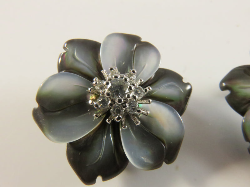 Vintage Erwin Pearl Sterling Silver Floral Clip-On Earrings, CZ, 1", 9.4g