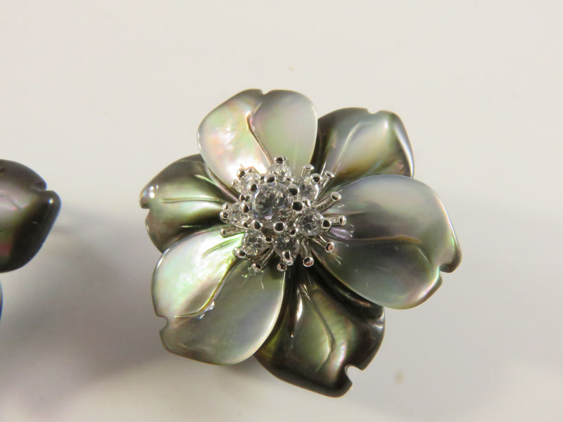 Vintage Erwin Pearl Sterling Silver Floral Clip-On Earrings, CZ, 1", 9.4g