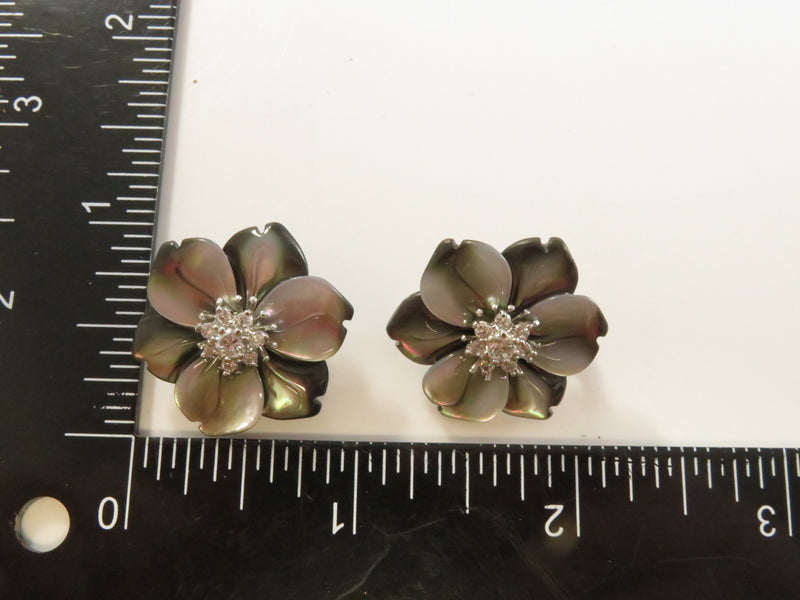 Vintage Erwin Pearl Sterling Silver Floral Clip-On Earrings, CZ, 1", 9.4g