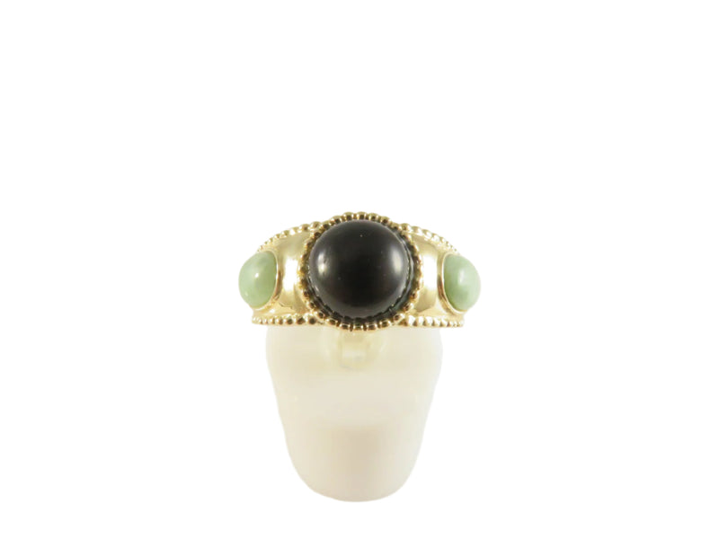 Vintage 14K Gold Three-Stone Ring, Black Onyx & Jade, Size 6.75