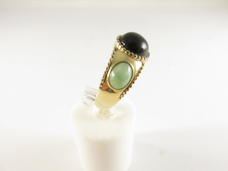 Vintage 14K Gold Three-Stone Ring, Black Onyx & Jade, Size 6.75