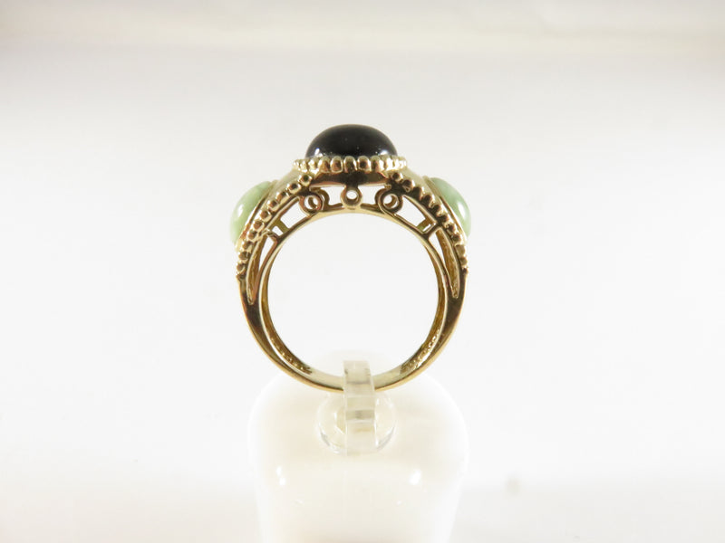 Vintage 14K Gold Three-Stone Ring, Black Onyx & Jade, Size 6.75
