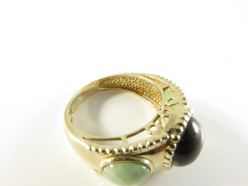Vintage 14K Gold Three-Stone Ring, Black Onyx & Jade, Size 6.75