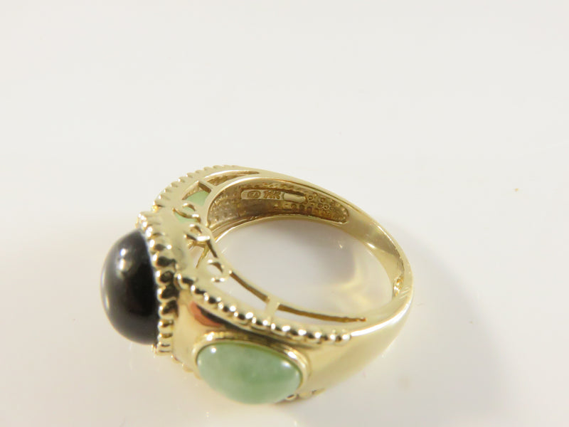 Vintage 14K Gold Three-Stone Ring, Black Onyx & Jade, Size 6.75