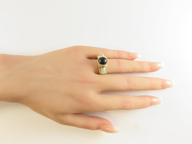 Vintage 14K Gold Three-Stone Ring, Black Onyx & Jade, Size 6.75