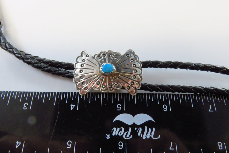 Vintage Petite 1 5/8" Ribbon Form Turquoise Bolo Tie in Sterling Unsigned