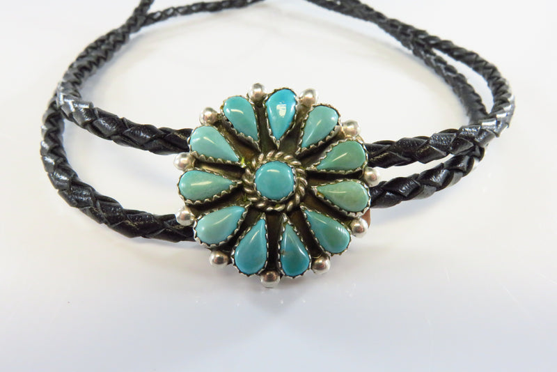 Vintage Petite 1 3/16 Round Turquoise Cluster Bolo Tie in Sterling Unsigned