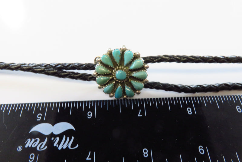 Vintage Petite 1 3/16 Round Turquoise Cluster Bolo Tie in Sterling Unsigned