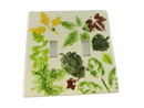 Front view of ceramic 2-gang toggle switch plate with painted green, yellow, and brown leaf design