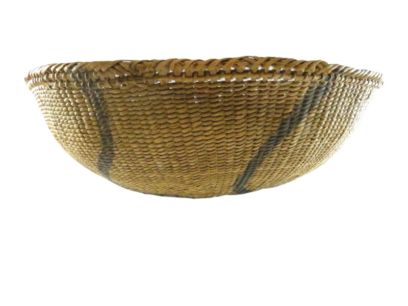 Vintage Round Woven Gathering Basket - Possible Native American Coil Construction - Black Decorative Paint