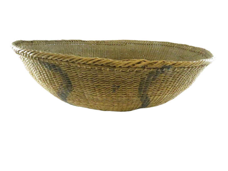 Vintage Round Woven Gathering Basket - Possible Native American Coil Construction - Black Decorative Paint