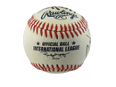 Rawlings Official Ball International League baseball panel with Randy Mobley president facsimile signature and adjacent black-marker autograph