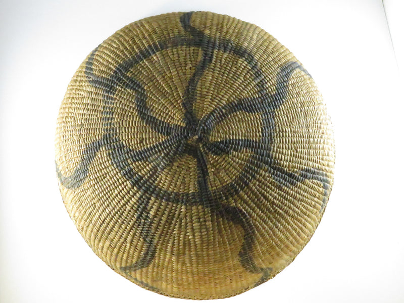 Vintage Round Woven Gathering Basket - Possible Native American Coil Construction - Black Decorative Paint