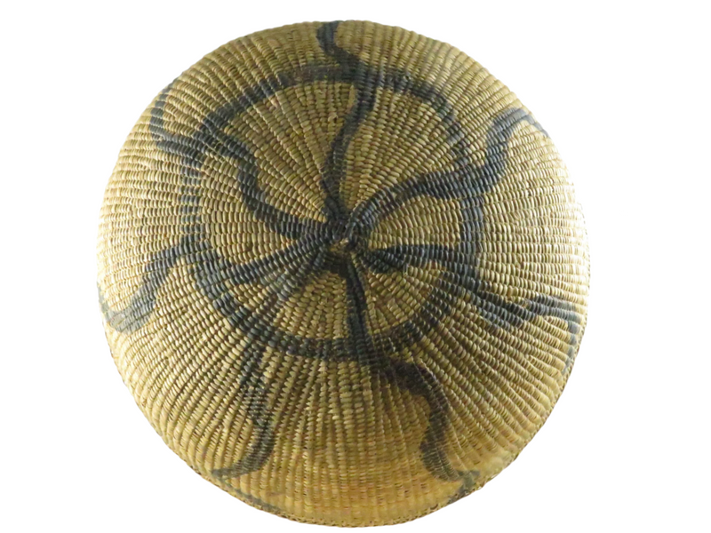Vintage Round Woven Gathering Basket - Possible Native American Coil Construction - Black Decorative Paint