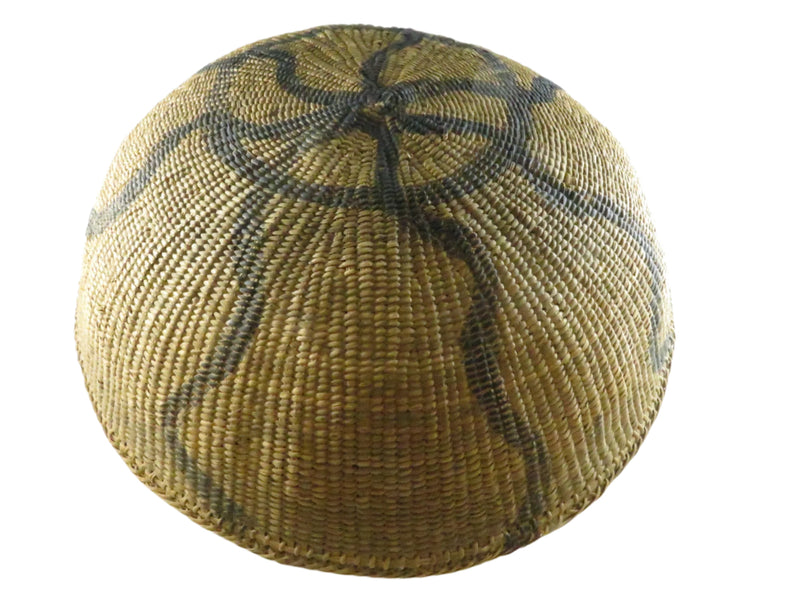 Vintage Round Woven Gathering Basket - Possible Native American Coil Construction - Black Decorative Paint