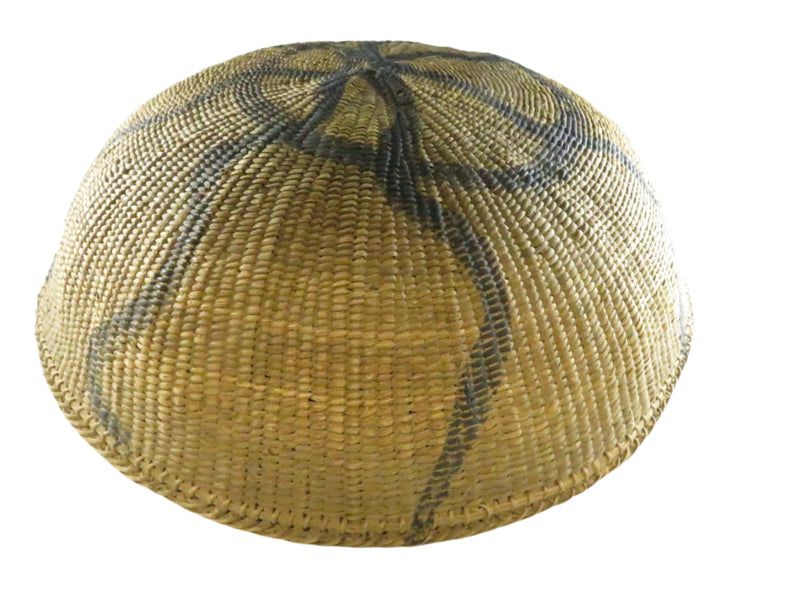 Vintage Round Woven Gathering Basket - Possible Native American Coil Construction - Black Decorative Paint