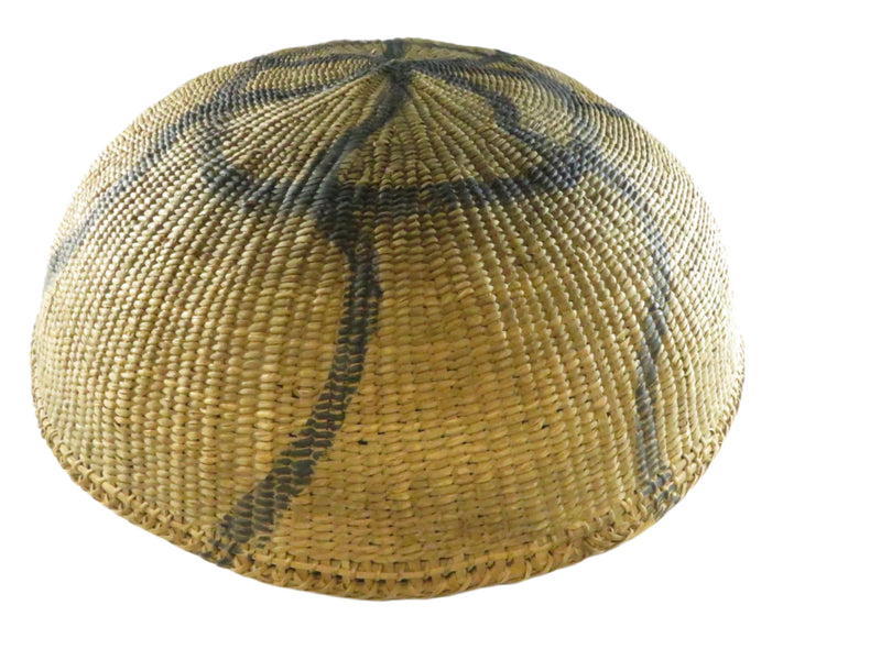Vintage Round Woven Gathering Basket - Possible Native American Coil Construction - Black Decorative Paint