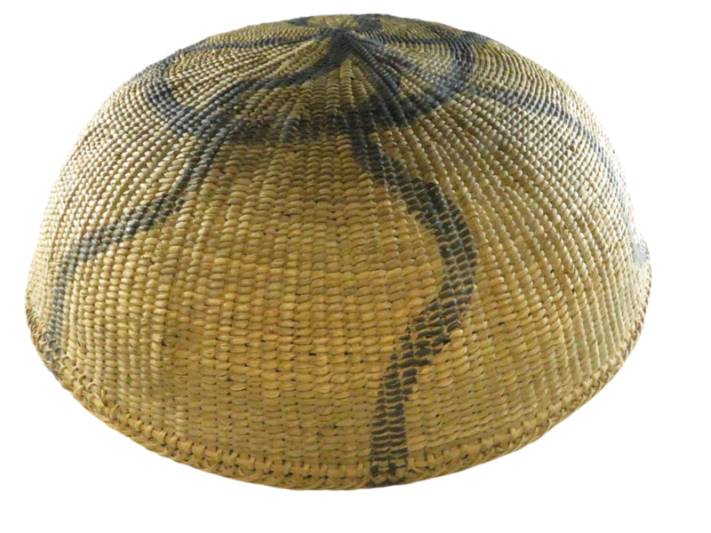 Vintage Round Woven Gathering Basket - Possible Native American Coil Construction - Black Decorative Paint