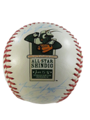 Front view of the 2008 South Atlantic League All-Star Shindig commemorative baseball with Grasshoppers mascot logo and light blue ink signatures.
