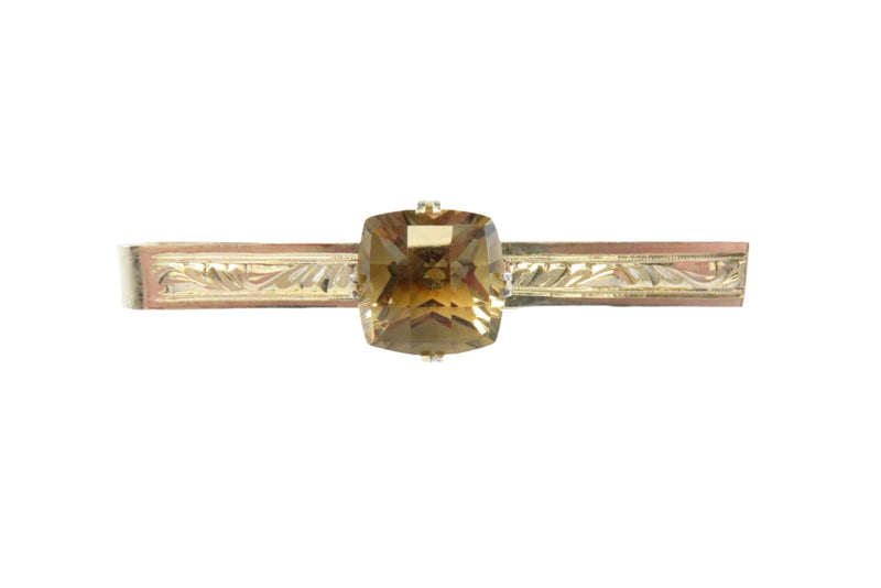 Fancy Etched Silver Tie Bar Clip with Large Smoky Quartz Accent Mid Century — Silver — front view