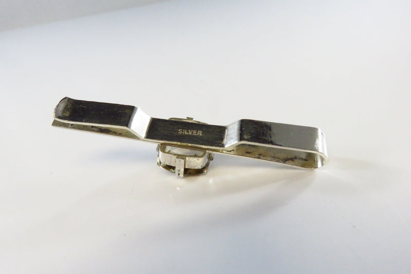 Fancy Etched Silver Tie Bar Clip with Large Smoky Quartz Accent Mid Century