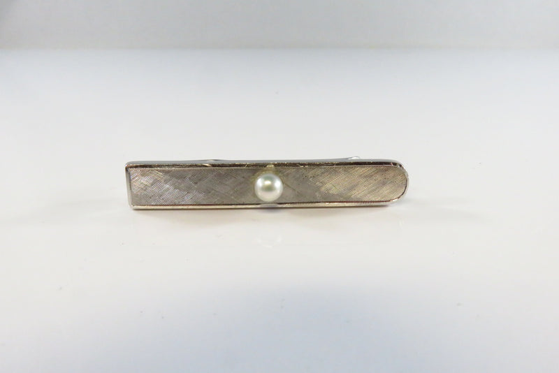 Sterling Silver Tie Bar Clip With Etched Face and Applied Cultured Pearl