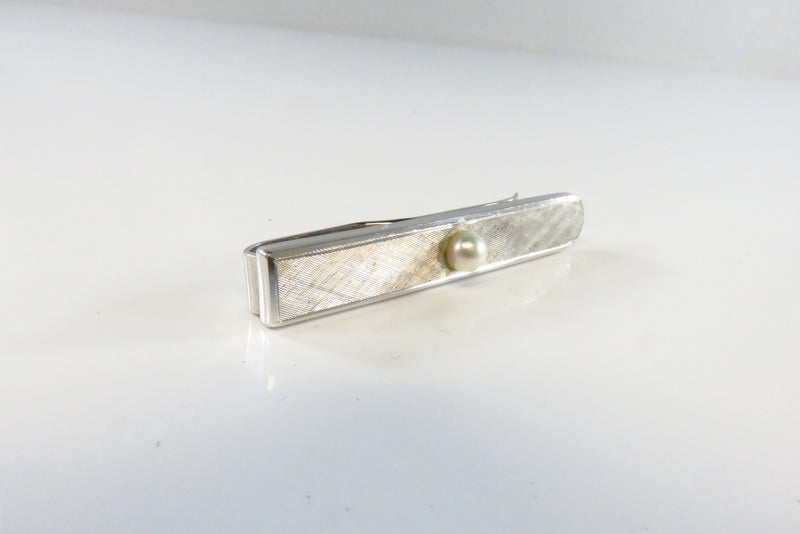 Sterling Silver Tie Bar Clip With Etched Face and Applied Cultured Pearl