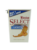 Front view of foil-wrapped Winston Select Lights Buy 1 Get 1 Free promotional cigarette pack with eagle graphic