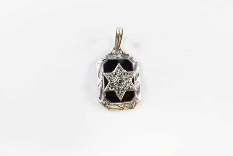 Vintage Star of David Pendant Onyx Plaque Sterling with Marcasite Accenting