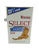 Front view of sealed Winston Select Lights Box cigarette pack with Buy 1 Get 1 Free panel and eagle graphic