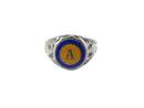 Front view of sterling military signet ring with A monogram, blue border and golden-orange enamel face
