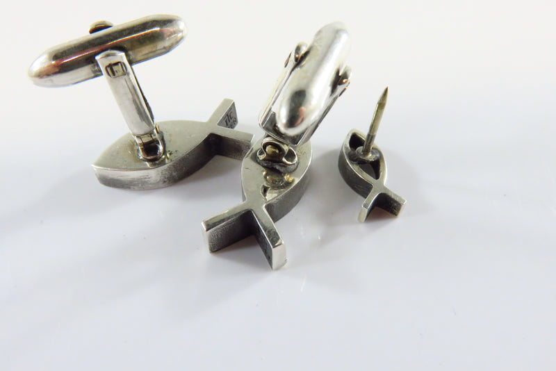 Pre-owned Sterling Silver Christian Fish Cufflinks and tie tac by JTC