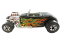 Hot Wheels '32 Ford Roadster left-side view showing black body, flame tampos, chrome engine, and blackwall wheels