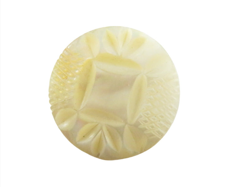 Carved Shell Round Button Brooch Victorian Style Mother of Pearl Carved Details — brooch • Pearl — front view
