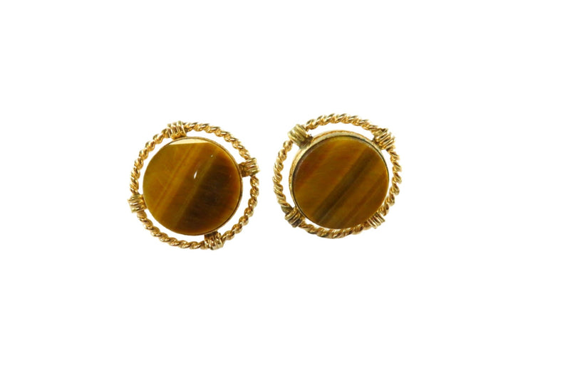 Vintage Destino Tiger Eye Twisted Wire Gold Filled Cufflink Set GF Bullet Back — Gold — front view