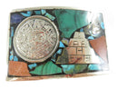 Vintage Rectangular Aztec Calendar Pyramid Belt Buckle Mixed Stones 1 7/8" Belt