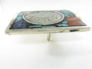 Vintage Rectangular Aztec Calendar Pyramid Belt Buckle Mixed Stones 1 7/8" Belt