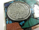 Vintage Rectangular Aztec Calendar Pyramid Belt Buckle Mixed Stones 1 7/8" Belt