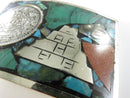 Vintage Rectangular Aztec Calendar Pyramid Belt Buckle Mixed Stones 1 7/8" Belt