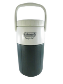 Front view of Coleman PolyLite insulated water jug with white upper body, dark green lower body, bail handle, and screw-on cap.