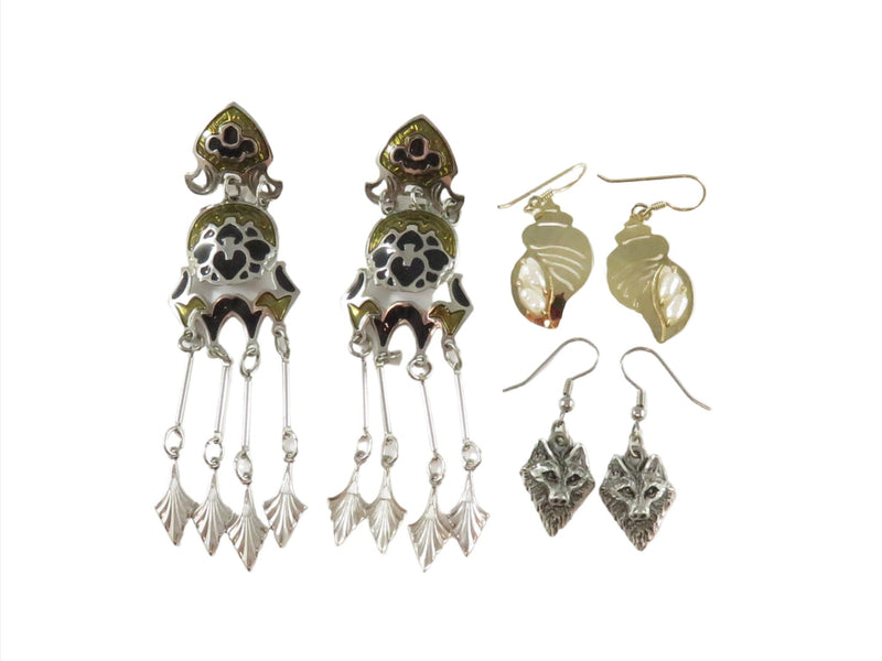 Grouping of 3 Pairs Costume Earrings Ear Wire Post Chandelier Wild Bryde Beribi — Earrings • Silver • Pearl — front view