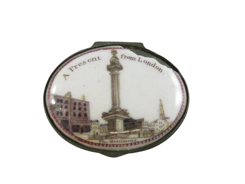 c1780 Georgian Enameled Patch Box - "A Present from London The Monument" — Enamel — front view